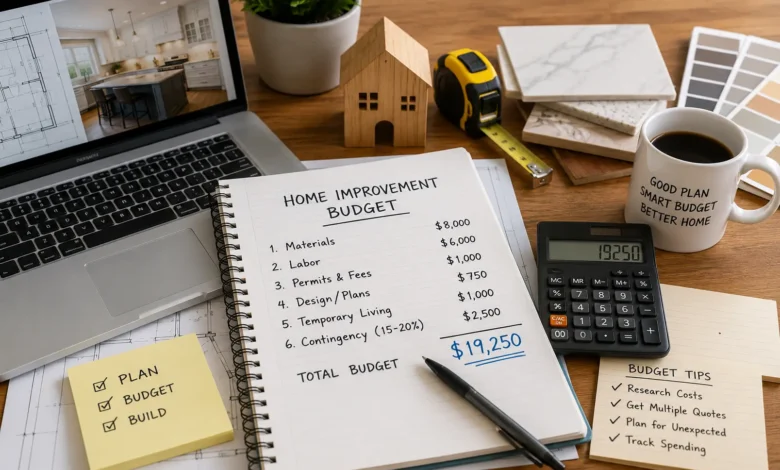 Home improvement budget planning workspace featuring a notebook with renovation costs, calculator, laptop, blueprint plans, measuring tape, material samples, and budgeting tools for a remodeling project.
