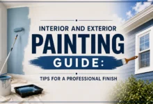 Interior and exterior painting guide featuring a freshly painted room, home exterior, paint roller, brush, paint tray, and paint bucket, illustrating professional painting tips for DIY home improvement.