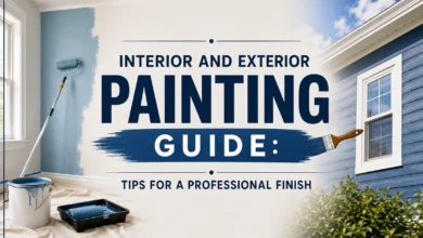 Interior and exterior painting guide featuring a freshly painted room, home exterior, paint roller, brush, paint tray, and paint bucket, illustrating professional painting tips for DIY home improvement.