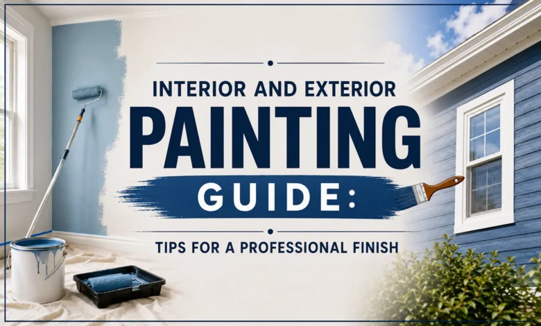 Interior and exterior painting guide featuring a freshly painted room, home exterior, paint roller, brush, paint tray, and paint bucket, illustrating professional painting tips for DIY home improvement.