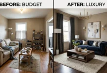 Budget home decor that looks expensive with a stylish modern living room on a small budget.