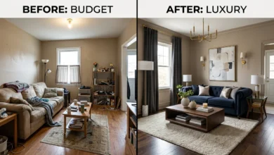 Budget home decor that looks expensive with a stylish modern living room on a small budget.
