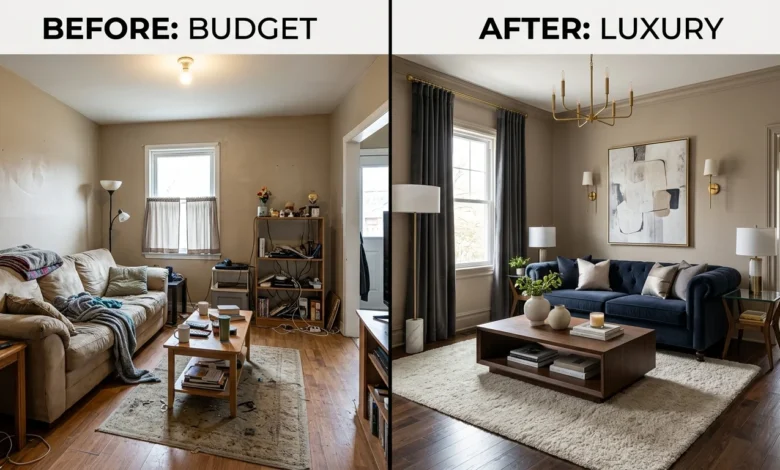 Budget home decor that looks expensive with a stylish modern living room on a small budget.