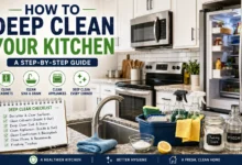 Kitchen deep cleaning guide with modern kitchen, cleaning supplies, and step-by-step cleaning checklist.