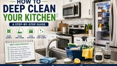 Kitchen deep cleaning guide with modern kitchen, cleaning supplies, and step-by-step cleaning checklist.