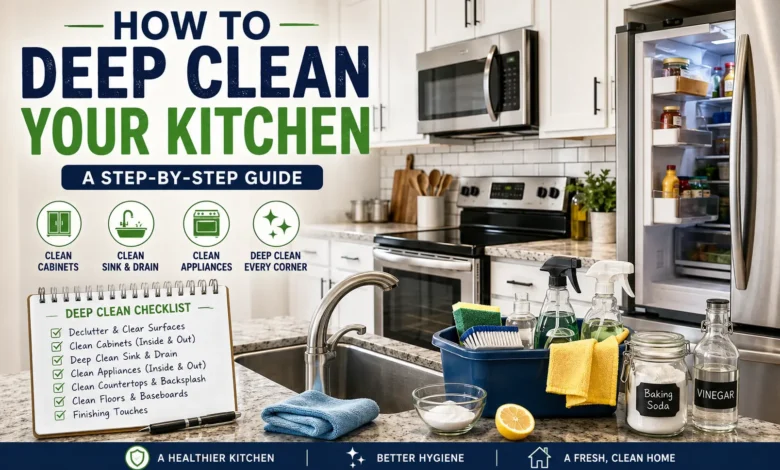 Kitchen deep cleaning guide with modern kitchen, cleaning supplies, and step-by-step cleaning checklist.