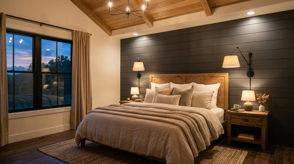 Warm modern farmhouse bedroom lighting with black wall sconces, table lamps, and soft ambient glow