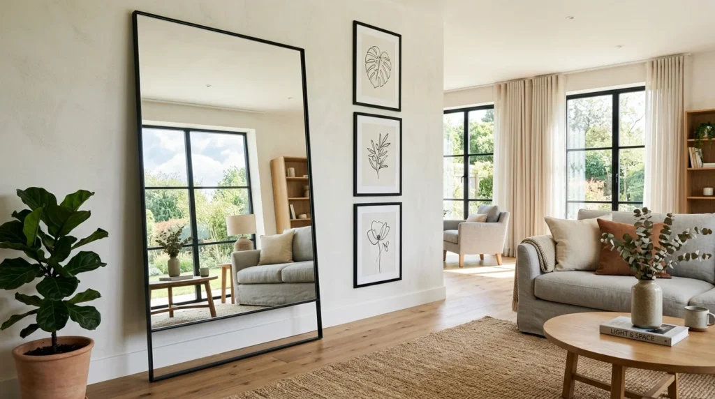 Large decorative mirror, framed artwork, and modern wall decor creating an elegant living room.