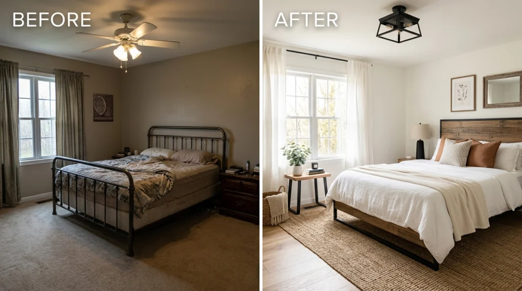 Budget-friendly modern farmhouse bedroom makeover with affordable rustic decor and cozy furnishings