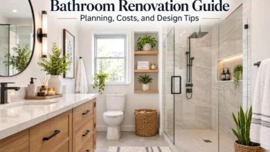 Modern bathroom renovation featuring a wood vanity, quartz countertop, frameless glass walk-in shower, neutral tile walls, and contemporary fixtures in a bright, spa-inspired design.