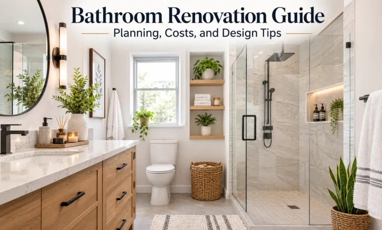 Modern bathroom renovation featuring a wood vanity, quartz countertop, frameless glass walk-in shower, neutral tile walls, and contemporary fixtures in a bright, spa-inspired design.