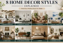 Modern farmhouse home decor style with neutral living room and rustic wooden accents.