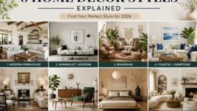 Modern farmhouse home decor style with neutral living room and rustic wooden accents.