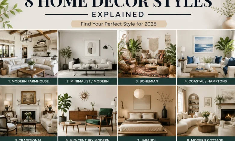Modern farmhouse home decor style with neutral living room and rustic wooden accents.