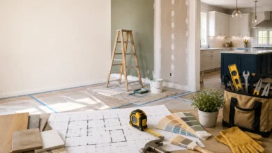 Modern home renovation workspace with architectural blueprints, paint samples, flooring materials, tools, and a partially remodeled kitchen, illustrating a complete home improvement project.