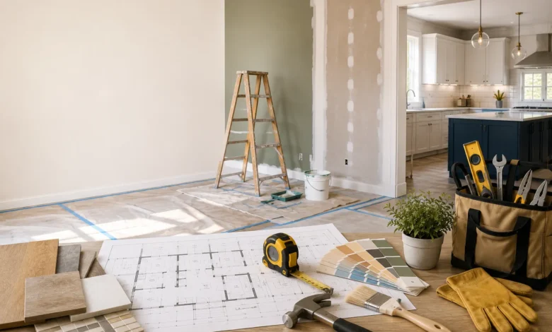 Modern home renovation workspace with architectural blueprints, paint samples, flooring materials, tools, and a partially remodeled kitchen, illustrating a complete home improvement project.
