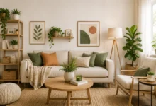 Modern renter-friendly living room with removable wall decor, cozy furniture, plants, and stylish damage-free decorating ideas