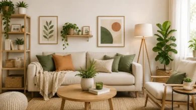 Modern renter-friendly living room with removable wall decor, cozy furniture, plants, and stylish damage-free decorating ideas