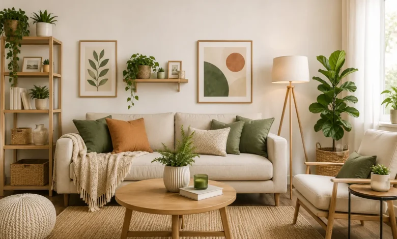 Modern renter-friendly living room with removable wall decor, cozy furniture, plants, and stylish damage-free decorating ideas