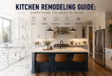 Modern white kitchen with a large island, custom cabinets, stainless steel appliances, and blueprint design elements illustrating a complete kitchen remodeling guide.