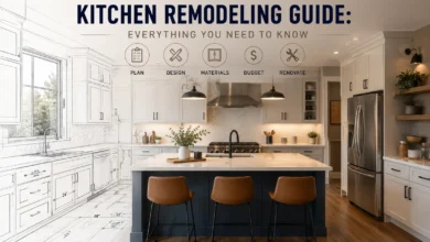 Modern white kitchen with a large island, custom cabinets, stainless steel appliances, and blueprint design elements illustrating a complete kitchen remodeling guide.
