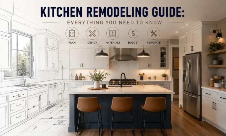 Modern white kitchen with a large island, custom cabinets, stainless steel appliances, and blueprint design elements illustrating a complete kitchen remodeling guide.
