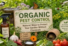 Organic pest control garden with neem oil spray, beneficial insects, healthy vegetable plants, and natural pest prevention methods without chemical pesticides.