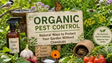 Organic pest control garden with neem oil spray, beneficial insects, healthy vegetable plants, and natural pest prevention methods without chemical pesticides.