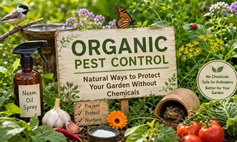 Organic pest control garden with neem oil spray, beneficial insects, healthy vegetable plants, and natural pest prevention methods without chemical pesticides.