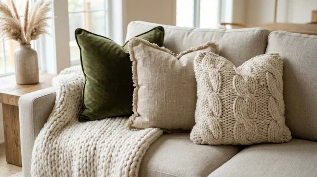 Cozy living room with a large area rug, textured throw pillows, and soft blankets for affordable luxury.