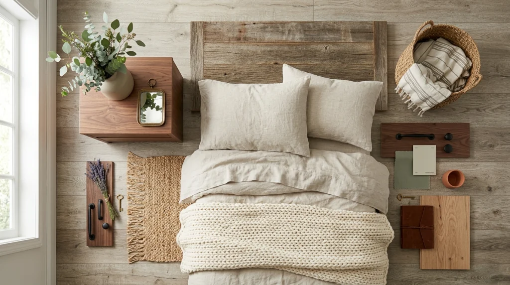 Essential modern farmhouse bedroom elements including natural wood, black accents, and textured fabrics