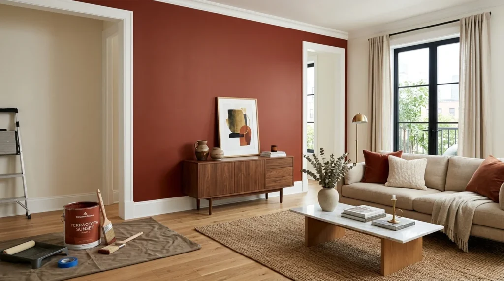 Modern living room featuring elegant wall paint colors and crisp white trim for a luxury look.