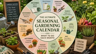 The Ultimate Seasonal Gardening Calendar What to Do Each Month featuring a colorful year-round gardening planner with seasonal plants, gardening tools, vegetables, seedlings, and monthly garden care tasks.