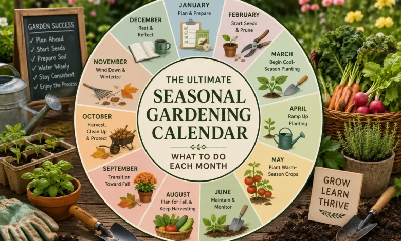 The Ultimate Seasonal Gardening Calendar What to Do Each Month featuring a colorful year-round gardening planner with seasonal plants, gardening tools, vegetables, seedlings, and monthly garden care tasks.