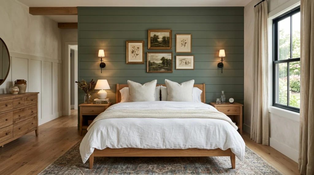 Modern farmhouse bedroom featuring painted shiplap accent wall and rustic wall decor