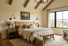 Modern farmhouse bedroom style with rustic wood furniture, cozy linen bedding, and neutral decor