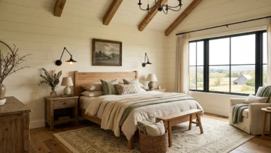 Modern farmhouse bedroom style with rustic wood furniture, cozy linen bedding, and neutral decor