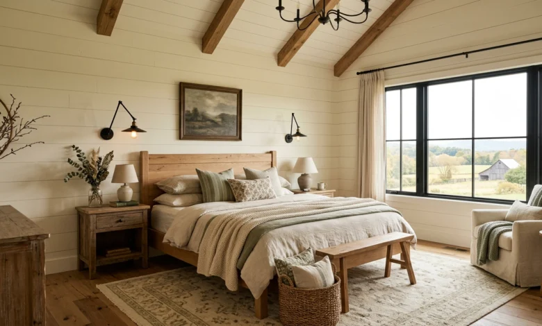 Modern farmhouse bedroom style with rustic wood furniture, cozy linen bedding, and neutral decor