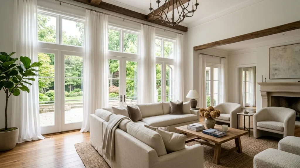 Floor-length linen curtains hung high above windows to create an elegant and spacious interior.