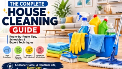 Modern house cleaning guide featuring a bright living room and kitchen with a blue cleaning caddy filled with spray bottles, gloves, microfiber cloths, sponge, scrub brush, and mop. Large title reads 'The Complete House Cleaning Guide' with room-by-room tips, cleaning schedules, natural cleaning solutions, and expert techniques for maintaining a clean, healthy home.