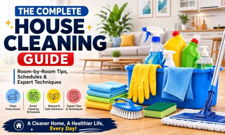Modern house cleaning guide featuring a bright living room and kitchen with a blue cleaning caddy filled with spray bottles, gloves, microfiber cloths, sponge, scrub brush, and mop. Large title reads 'The Complete House Cleaning Guide' with room-by-room tips, cleaning schedules, natural cleaning solutions, and expert techniques for maintaining a clean, healthy home.
