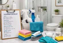 Bathroom Cleaning Checklist with essential cleaning supplies, microfiber cloths, scrub brush, spray bottles, baking soda, gloves, and a sparkling clean modern bathroom for an effective home cleaning routine.