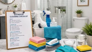 Bathroom Cleaning Checklist with essential cleaning supplies, microfiber cloths, scrub brush, spray bottles, baking soda, gloves, and a sparkling clean modern bathroom for an effective home cleaning routine.