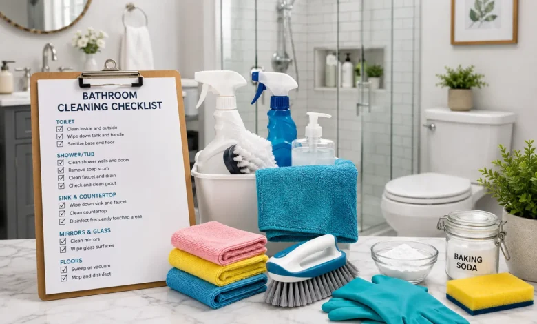 Bathroom Cleaning Checklist with essential cleaning supplies, microfiber cloths, scrub brush, spray bottles, baking soda, gloves, and a sparkling clean modern bathroom for an effective home cleaning routine.