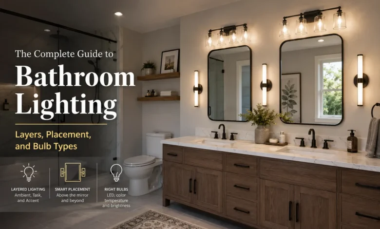 Modern bathroom featuring layered lighting with a halo-lit round mirror, wall sconces, recessed ceiling lights, a glass walk-in shower, freestanding bathtub, and an infographic explaining ambient, task, and accent lighting alongside a color temperature guide for bathroom lighting.