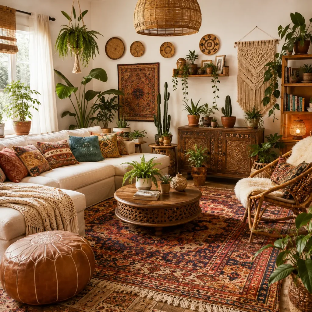 Bohemian interior design featuring a cozy living room with colorful textiles, woven decor, plants, and natural materials