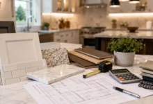 Kitchen remodel budgeting setup with cabinet, countertop, tile, flooring samples, blueprints, tape measure, and calculator on a modern kitchen counter.