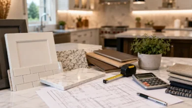 Kitchen remodel budgeting setup with cabinet, countertop, tile, flooring samples, blueprints, tape measure, and calculator on a modern kitchen counter.