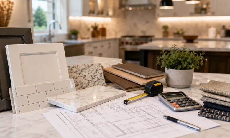 Kitchen remodel budgeting setup with cabinet, countertop, tile, flooring samples, blueprints, tape measure, and calculator on a modern kitchen counter.