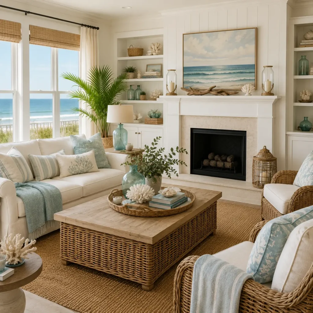 Coastal interior design featuring a bright living room with white furniture, wicker accents, blue details, and ocean views